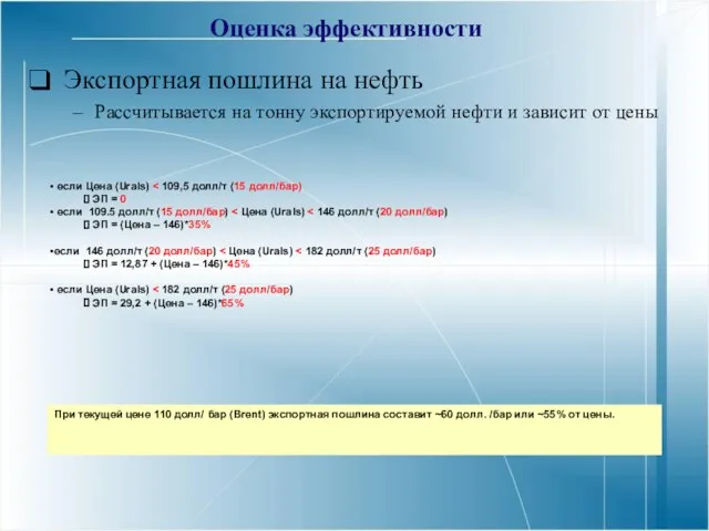 Экспортная пошлина на нефть Рассчитывается на тонну экспортируемой нефти и