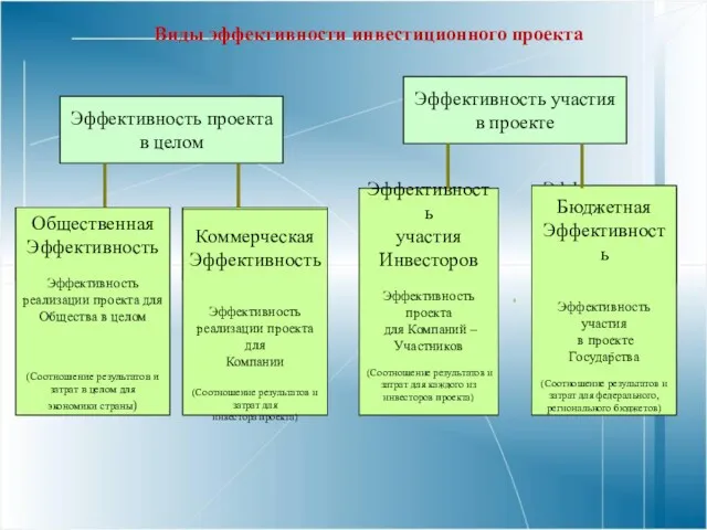 Эффективность проекта в целом Эффективность участия в проекте Общественная эффективность