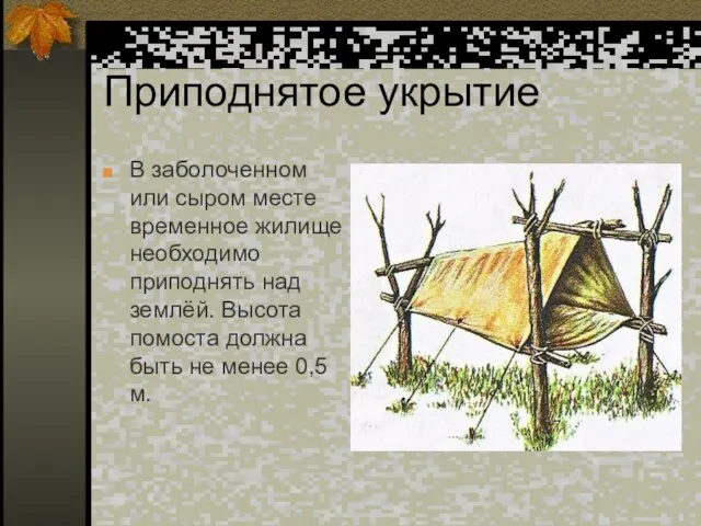 Приподнятое укрытие В заболоченном или сыром месте временное жилище необходимо