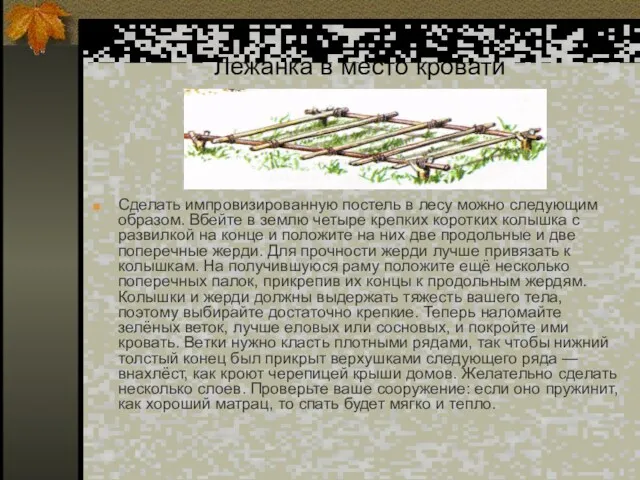 Лежанка в место кровати Сделать импровизированную постель в лесу можно