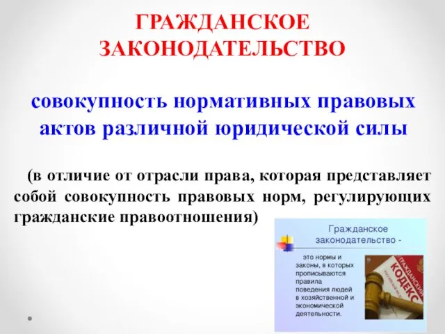 ГРАЖДАНСКОЕ ЗАКОНОДАТЕЛЬСТВО совокупность нормативных правовых актов различной юридической силы (в