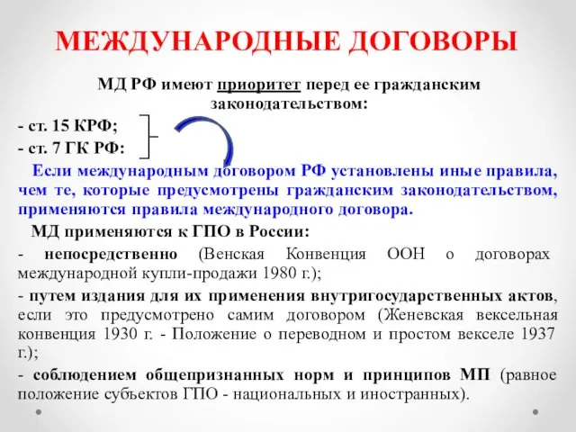 МЕЖДУНАРОДНЫЕ ДОГОВОРЫ МД РФ имеют приоритет перед ее гражданским законодательством: