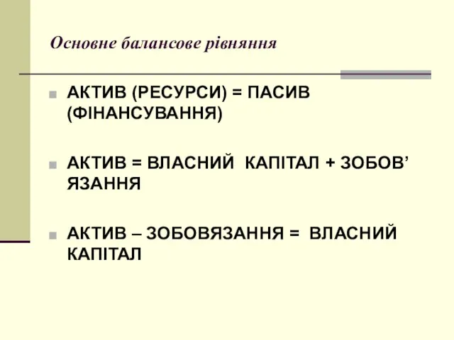 Основне балансове рівняння АКТИВ (РЕСУРСИ) = ПАСИВ (ФІНАНСУВАННЯ) АКТИВ =