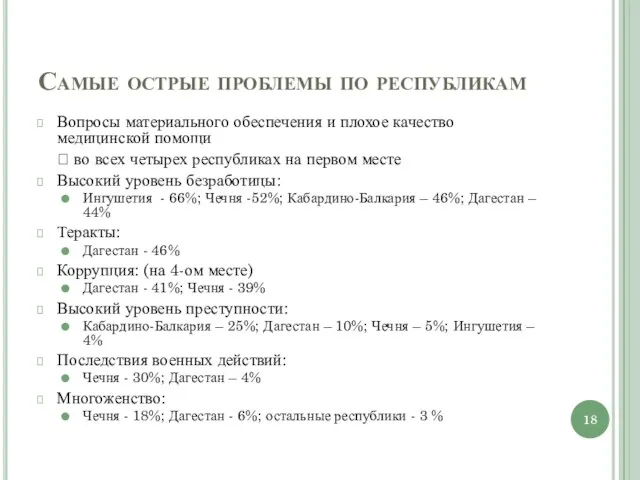 Самые острые проблемы по республикам Вопросы материального обеспечения и плохое