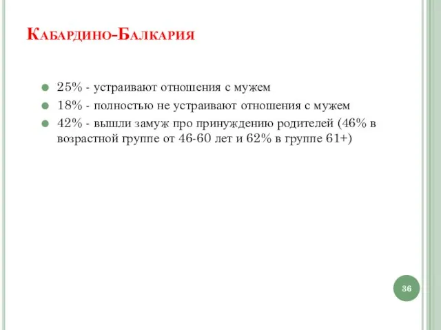 Кабардино-Балкария 25% - устраивают отношения с мужем 18% - полностью