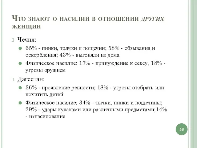 Что знают о насилии в отношении других женщин Чечня: 65%