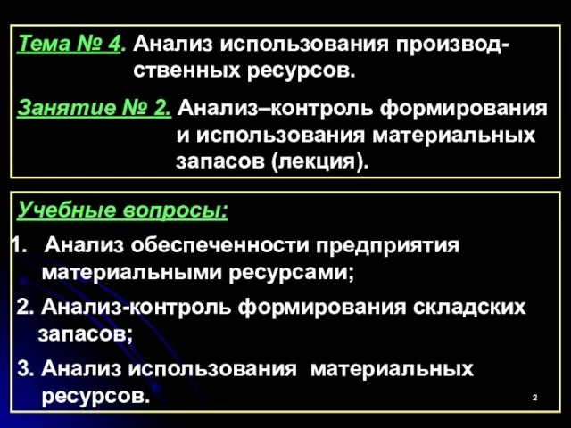 Тема № 4. Анализ использования производ- ственных ресурсов. Занятие №