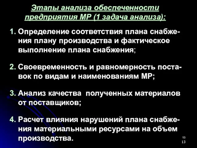 Этапы анализа обеспеченности предприятия МР (1 задача анализа): 1. Определение