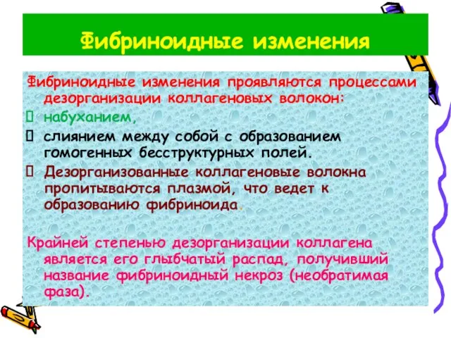 Фибриноидные изменения Фибриноидные изменения проявляются процессами дезорганизации коллагеновых волокон: набуханием,