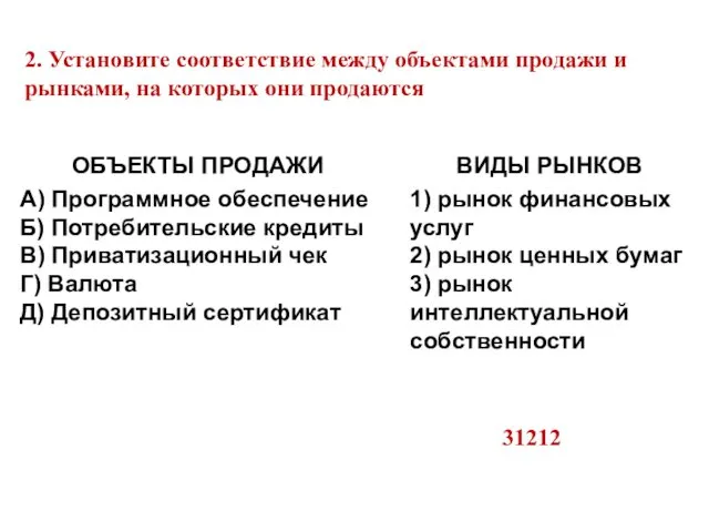 2. Установите соответствие между объектами продажи и рынками, на которых они продаются 31212