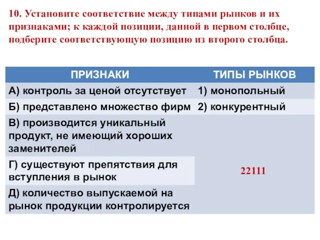 10. Установите соответствие между типами рынков и их признаками; к