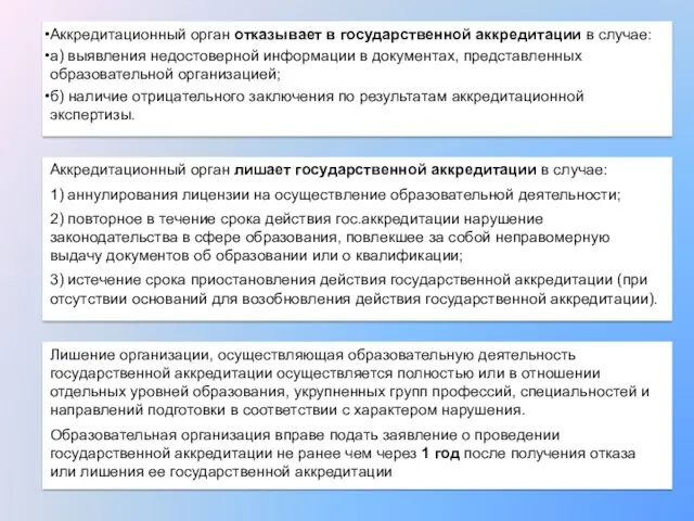 Аккредитационный орган отказывает в государственной аккредитации в случае: а) выявления