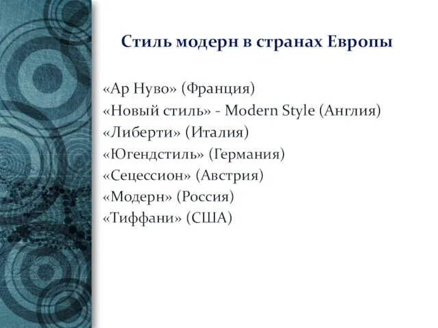 Стиль модерн в странах Европы «Ар Нуво» (Франция) «Новый стиль» - Modern Style