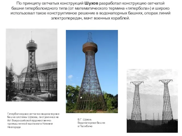 По принципу сетчатых конструкций Шухов разработал конструкцию сетчатой башни гиперболоидного