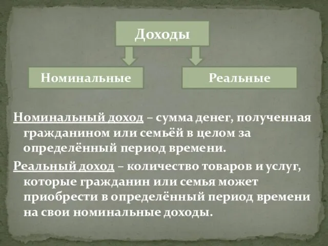 Номинальный доход – сумма денег, полученная гражданином или семьёй в целом за определённый