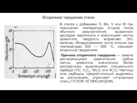 Вторичное твердение стали В сталях с добавками Ti, Mo, V