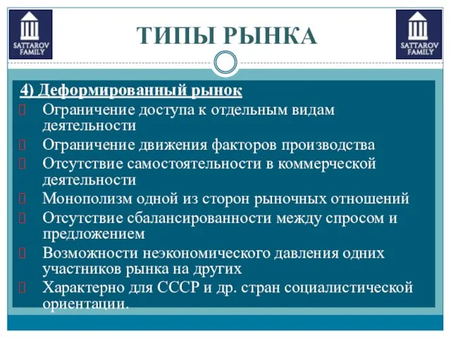 ТИПЫ РЫНКА 4) Деформированный рынок Ограничение доступа к отдельным видам