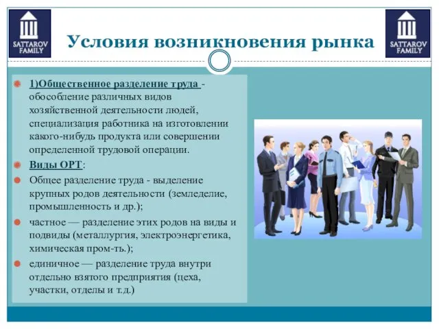 Условия возникновения рынка 1)Общественное разделение труда - обособление различных видов