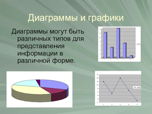 Диаграммы и графики Диаграммы могут быть различных типов для представления информации в различной форме.