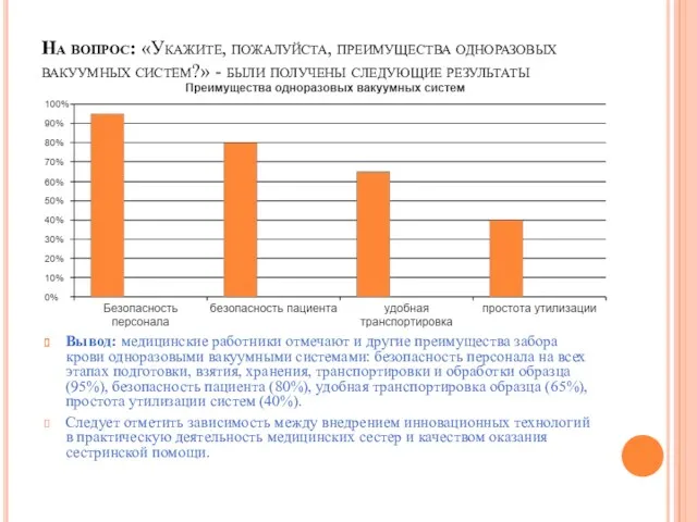 На вопрос: «Укажите, пожалуйста, преимущества одноразовых вакуумных систем?» - были