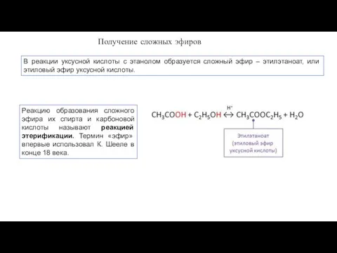 В реакции уксусной кислоты с этанолом образуется сложный эфир –