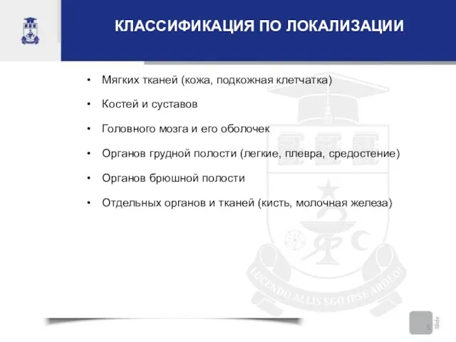 КЛАССИФИКАЦИЯ ПО ЛОКАЛИЗАЦИИ Мягких тканей (кожа, подкожная клетчатка) Костей и