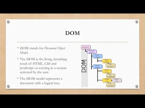 DOM DOM stands for Document Object Model. The DOM is
