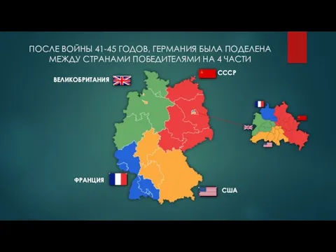 ПОСЛЕ ВОЙНЫ 41-45 ГОДОВ, ГЕРМАНИЯ БЫЛА ПОДЕЛЕНА МЕЖДУ СТРАНАМИ ПОБЕДИТЕЛЯМИ