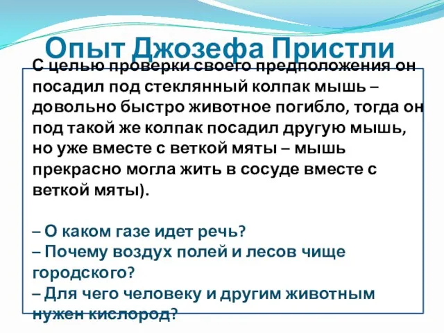 Опыт Джозефа Пристли С целью проверки своего предположения он посадил