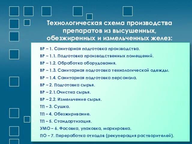 Технологическая схема производства препаратов из высушенных, обезжиренных и измельченных желез: