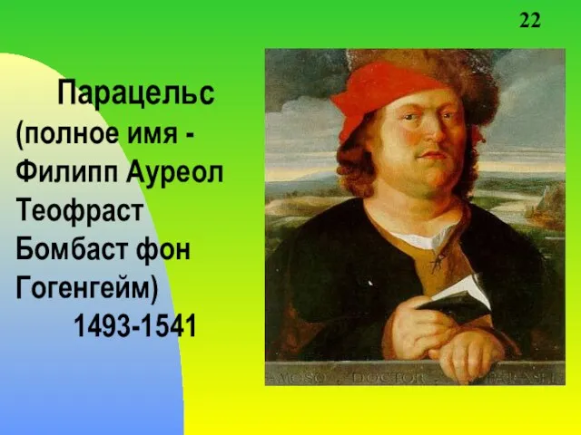 22 Парацельс (полное имя - Филипп Ауреол Теофраст Бомбаст фон Гогенгейм) 1493-1541