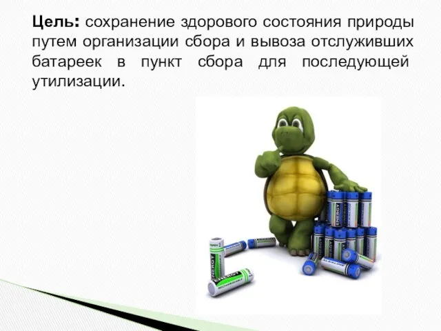 Цель: сохранение здорового состояния природы путем организации сбора и вывоза