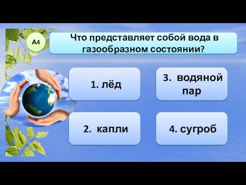 4. сугроб 1. лёд Что представляет собой вода в газообразном