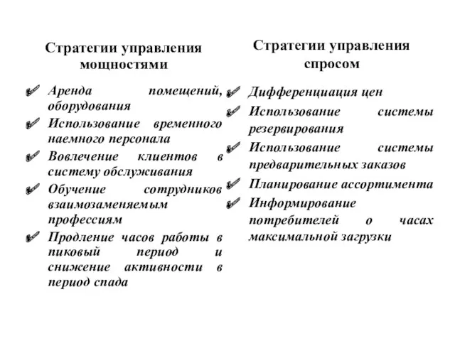 Стратегии управления мощностями Аренда помещений, оборудования Использование временного наемного персонала