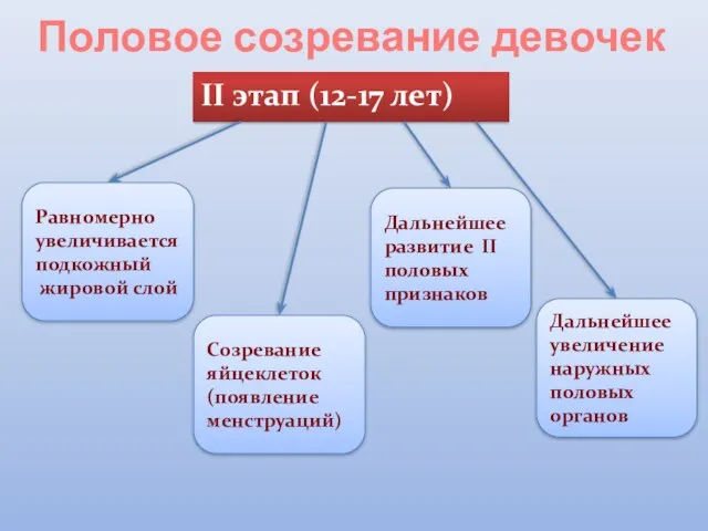 Половое созревание девочек II этап (12-17 лет) Равномерно увеличивается подкожный