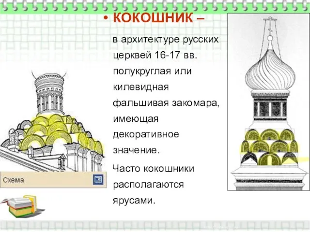 КОКОШНИК – в архитектуре русских церквей 16-17 вв. полукруглая или