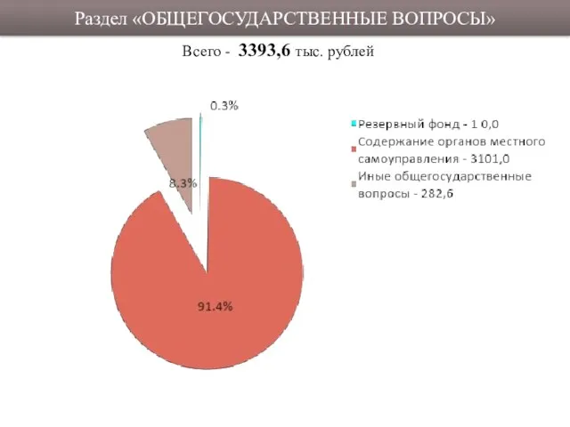 Раздел «ОБЩЕГОСУДАРСТВЕННЫЕ ВОПРОСЫ» Всего - 3393,6 тыс. рублей