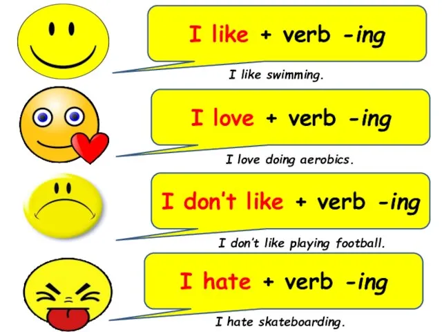 I like + verb -ing I love + verb -ing