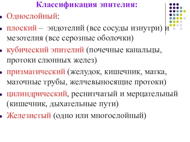 Классификация эпителия: Однослойный: плоский – эндотелий (все сосуды изнутри) и