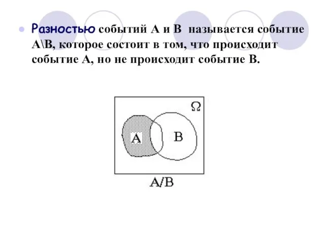 Разностью событий А и В называется событие А\В, которое состоит