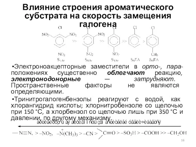 Влияние строения ароматического субстрата на скорость замещения галогена Электроноакцепторные заместители