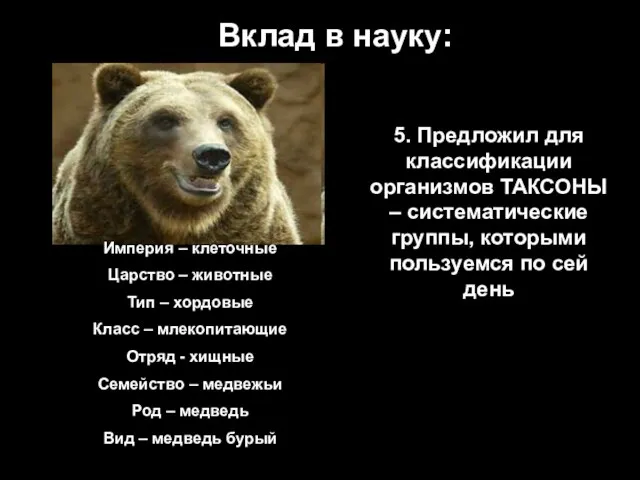 Вклад в науку: 5. Предложил для классификации организмов ТАКСОНЫ –