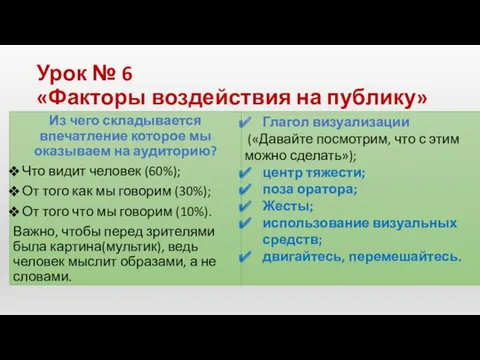 Урок № 6 «Факторы воздействия на публику» Из чего складывается