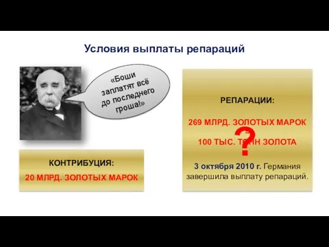 Условия выплаты репараций КОНТРИБУЦИЯ: 20 МЛРД. ЗОЛОТЫХ МАРОК РЕПАРАЦИИ: ?