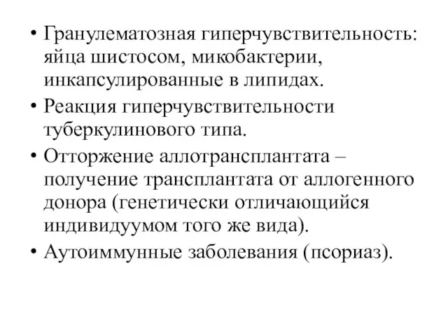 Гранулематозная гиперчувствительность: яйца шистосом, микобактерии, инкапсулированные в липидах. Реакция гиперчувствительности