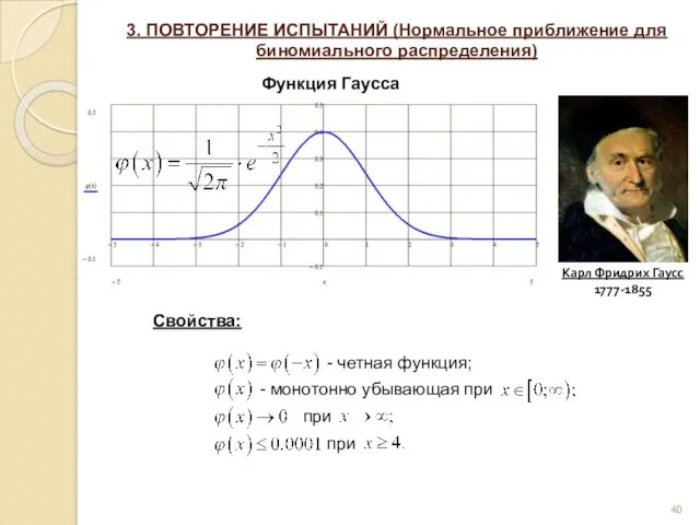 3. ПОВТОРЕНИЕ ИСПЫТАНИЙ (Нормальное приближение для биномиального распределения) Функция Гаусса