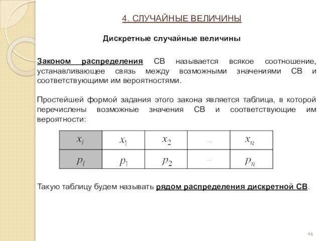 4. СЛУЧАЙНЫЕ ВЕЛИЧИНЫ Дискретные случайные величины Законом распределения СВ называется