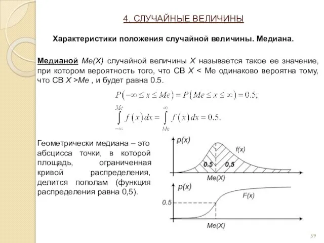 Медианой Me(X) случайной величины X называется такое ее значение, при