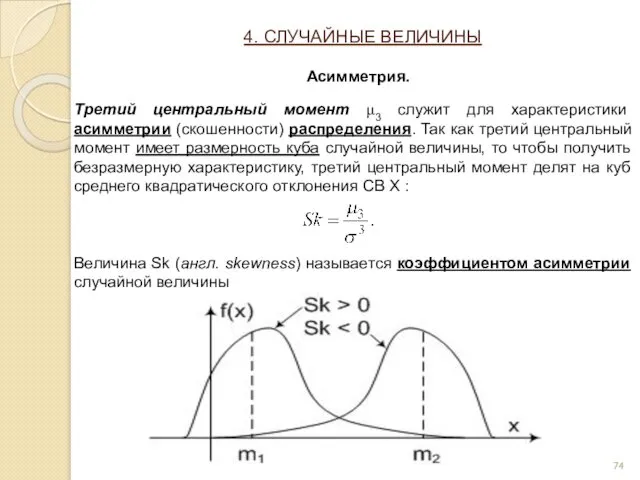 Третий центральный момент μ3 служит для характеристики асимметрии (скошенности) распределения.