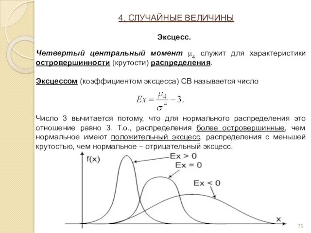 Четвертый центральный момент μ4 служит для характеристики островершинности (крутости) распределения.